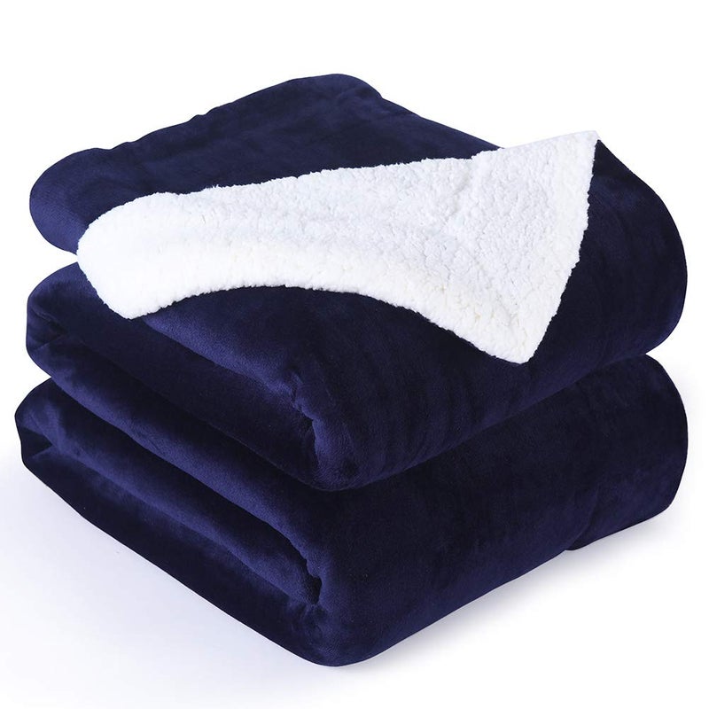 NANPIPER Couch Blanket Reversible Sherpa Flannel Blanket Ultra-Soft Plush Warm Fleece Microfiber (90"x90" Navy Blue) Queen - Image 1